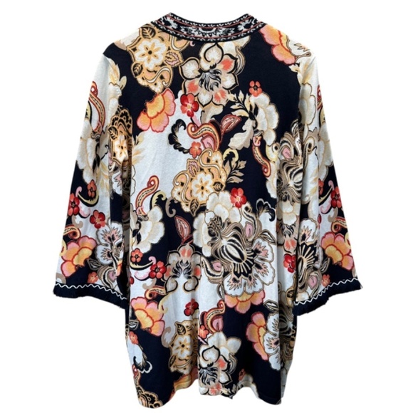 Chicos 2 Linen Blend Floral Fringe Long Cardigan Women's US L Lagenlook Boho - Picture 2 of 16